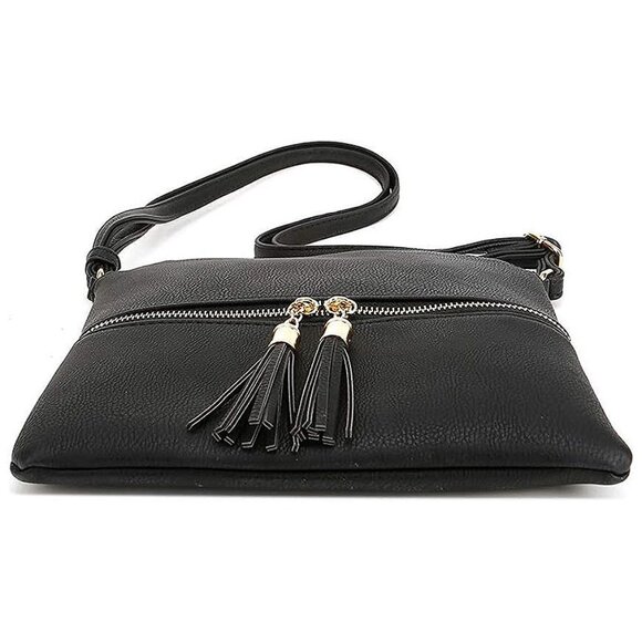 Lightweight Medium Crossbody Bag Shoulder Bag with Tassel Black - Picture 3 of 6
